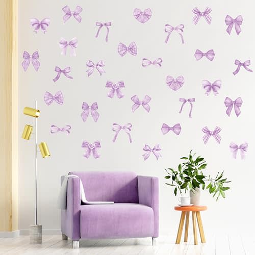 Purple Bow Wall Stickers- 60 Pcs Bowtie Decals Room Decor for Girls | Waterproof, Peel and Stick Decals, Bow Vinyl Stickers for Bathroom School Home, Light Purple Party Decorations for Girls Boys