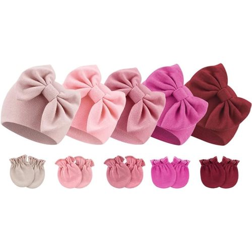 BQUBO Newborn Baby Girls Hats Mittens Set Hospital Hat Beanie Infant Bow Hats Baby Cotton Gloves for 0-6 Months