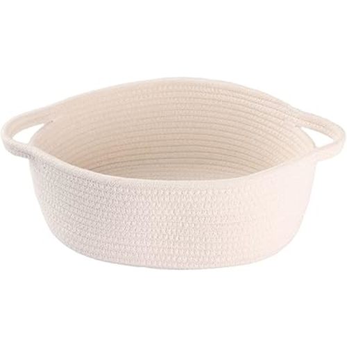 Small Woven Basket Cute Oval Cotton Rope Gifts Basket with Handle Empty Baby Wicker Storage Basket Nursery Box Bin Kids Organizer Cat Dog Toy Basket Easter Basket White