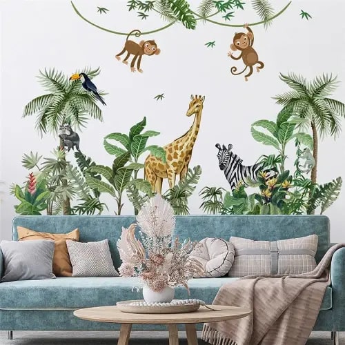 Large Size Tropical Palm Green Leaf Plant Animals Jungle Wall Decals For Kids Room Bedroom Cute Monkey Zebra Giraffe Big Vinyl Self-adhesive Wallpaper Peel and Stick Woodland Forest Kindergarten Decoration Sticker Removable DIY Nursery Mural