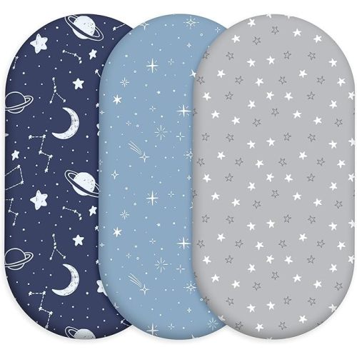 Baby Bassinet Sheets 3 Pack, Fitted Cradle Sheets for Boys & Girls, Ultra Soft Breathable 32" x 16", Universal Fit for Rectangle Round Oval Hourglass Mattress (Blue Gray Planet)