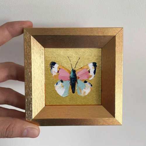 Mini Butterfly Oil Painting, Small Original Gold Leaf Artwork, Hand Painted Insect Wall Art, Nature Home Decor, Christmas Gift for Friends