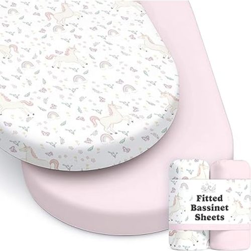 Baby Bassinet Sheets for Boy, Girl (Unicorn Blossom) 2-Pack - Fitted Bedside Bassinet Sheets - Buttery Soft Cotton Blend for Standard Mattress Pad - Compatible with Halo BassiNest