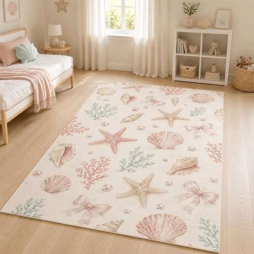 Seashell Rug, Coastal Beach Area Rug, Starfish Carpet, Pink Ocean Nursery Decor, Girls Room Rug, Nautical Bathroom Mat, Coastal Floor Decor