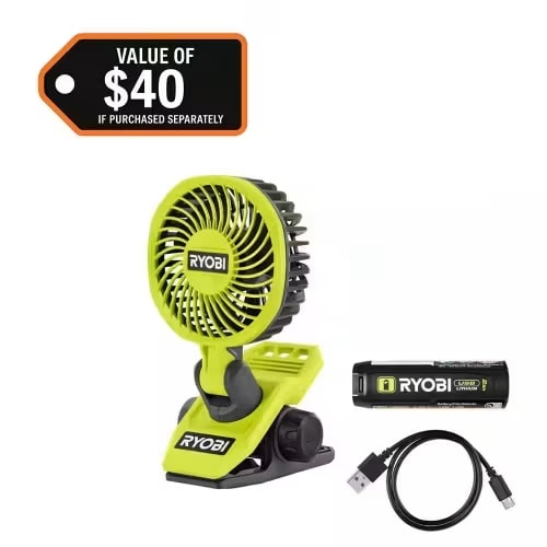 RYOBI USB Lithium Clamp Fan Kit with 2.0 Ah USB Lithium Battery and Charging Cable FVF51K