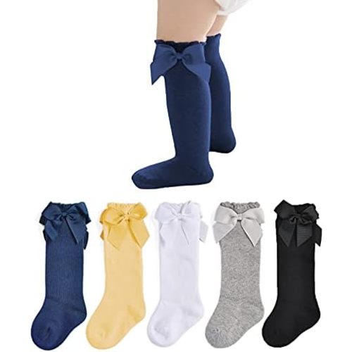 EPEIUS Baby Girls Knee High Socks Cotton Uniform Socks Tube Ruffled Stockings Newborn Infant Toddler (Pack of 3/5)