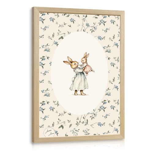 YZELY Vintage Bunny Nursery Wall Art, Mother and Baby Rabbit Wall Decor, Woodland Cottagecore Animal Poster Print, Neutral Floral Storybook Artwork for Baby Girls Bedroom Wood Framed 12x16 Inch