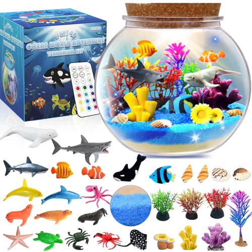 Ocean Light Up Terrarium Craft Kit for Kids - LED Night Light Birthday Gift for Boys & Girls Ages 4 5 6 7 8-12, Ocean Themed Toys for Kids