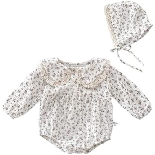 Baby Girl Floral Romper,Long Sleeve One-piece Bodysuit with Bonnet Newborn Photography Outfit for Infant