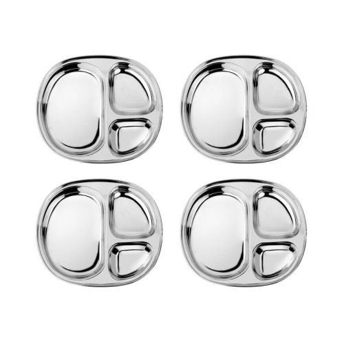 Ahimsa 4pc 9.7" Stainless Steel Balanced Bites Divided Plates - Classic: Solid Pattern, Rectangle, Service for 4