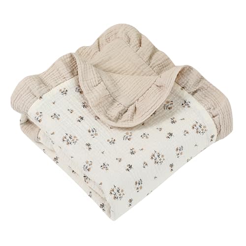 Muslin Toddler Blanket - 100% Cotton Super Soft Crib Blanket for Baby Boys & Girls, Infant & Toddler,Lightweight Nursing Cover & Breathable Stroller Blanket,Floral Design (Beige)