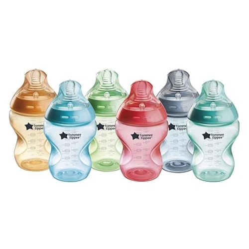 Tommee Tippee Natural Start Anti-Colic 9 oz BPA Free Baby Bottles, 0+ Months, Slow Flow Breast-Like Nipple, Self Sterilizing, Designed for Seamless Transition Between Bottle & Breast, Fiesta,Pack of 6