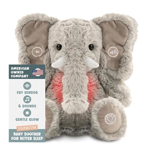 Gemma Joy Elephant Plush Cry-Activated Heartbeat Sleep Soother for Newborns | Cry-Activated Heartbeat with White Noise, Shush and Lullabies, Soft Night Light, Rechargeable, 11 Inch Newborn Companion