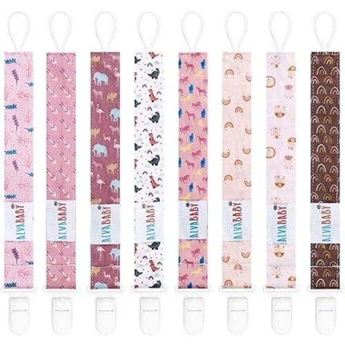 ALVABABY Pacifier Clips for Neutral Boys Girls 8 Pack Paci Binky Holder Leashes Brown Pink 8DP07-DA