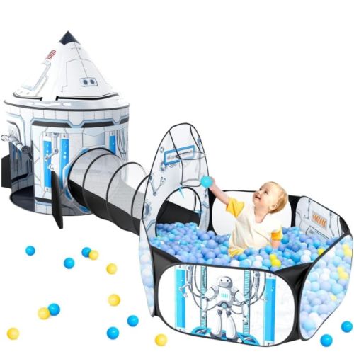 Kids Ball Pit for Play Tent: 3PC Rocket Ship Baby Gifts, Spaceship Tents and Crawl Tunnel for Toddlers, Astronaut Pop Up Playhouse Toys for Indoor Outdoor Games (White)