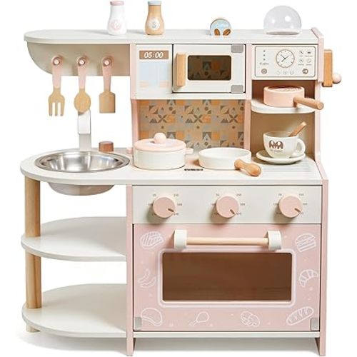 Toddler Play Kitchen, Wooden Toys Kids Kitchen Playset with Coffee Maker Play Food Kitchen Accessories Cooking Set,Gift for Girls and Boys Age 3 4 5 6 (Pink)