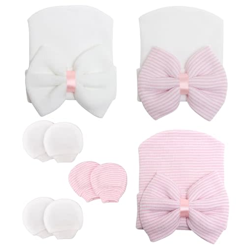 AQOKKA Newborn Baby Girl Hats with Bow No Scratch Cotton Toddler Infant Beanie Caps Soft Newborn Hospital Hat 0-3 Months
