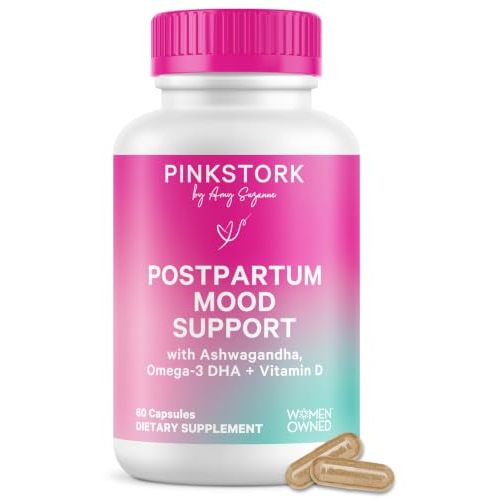 Pink Stork Postpartum Mood Support, 30-Day Supply | Postnatal Mood, Cognition + Stress Support | Ashwagandha, Saffron, Omega-3 DHA, B12 | Breastfeeding-Friendly | Non-Drowsy