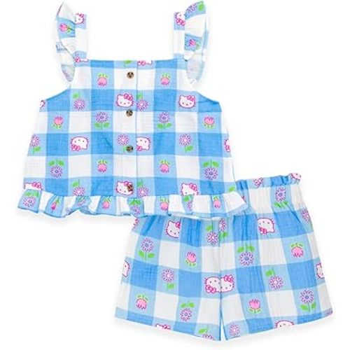 Hello Kitty Girls Square Neck Tank Top and Shorts Outfit Set Toddler to Big Kid Sizes (2T - 16)
