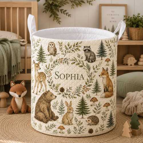 Personalized Woodland Laundry Basket, Custom Name Quilted Hamper, Forest Animal Nursery Storage Bin, Woodland Baby Gift