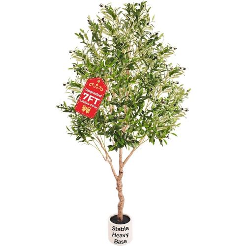 Large Olive Trees Artificial Indoor, Upgraded 7FT Faux Olive Tree with Natural Wood Trunk and Lifelike Fruits, White Tall Planter, Modern Artificial Plants for Home/Office Decor Gifts