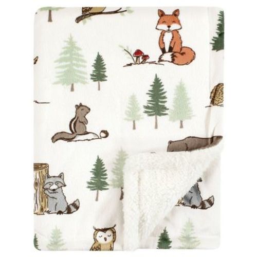 Hudson Baby Infant Boys Plush Blanket with Faux Shearling Back, Forest Animals, One Size