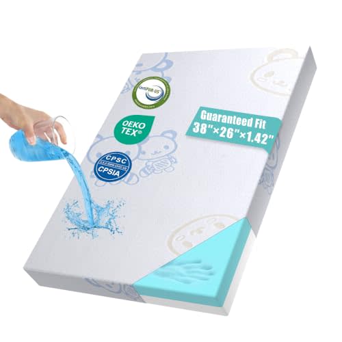 38"x26"x1.42" Dual-Sided Gel Memory Foam Pack and Play Mattress Pad | Waterproof & Washable cover. Portable travel mini crib & playard mattress topper replacement for baby & toddler playpens.