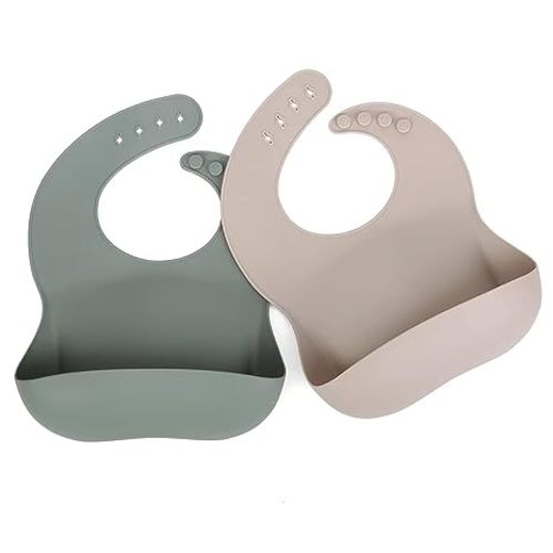 Silicone Bibs for Babies, Waterproof Adjustable Silicon Rubber Baby Feeding Bibs with Food Catcher Pocket for Toddlers 6 Months+ (Dark Sage/Almond)