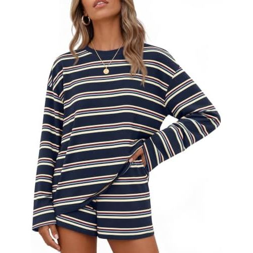 ZESICA Womens 2 Piece Striped Short Sets Fall Lounge Outfit