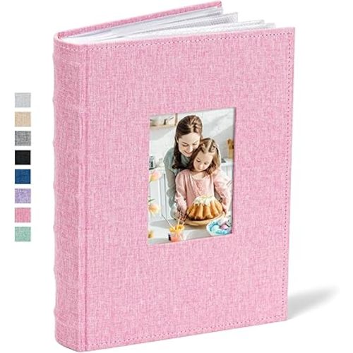 Vienrose Photo Album 4x6 300 Photos Linen Frame Cover with Memo Areas Photobook Large Capacity Slip-in Pictures Book for Wedding Baby Vacation, Pink