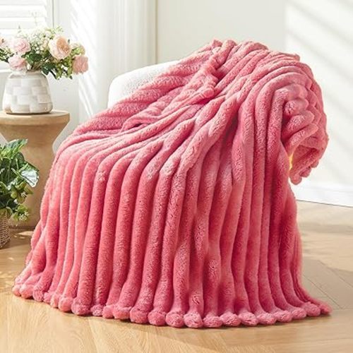 NEWCOSPLAY Fleece Ribbed Cozy Throw Blanket for Couch, Coral Pink, 50"x60"