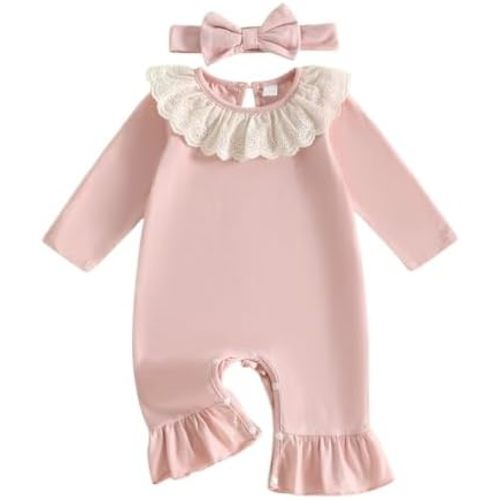 Baby Girl Clothes Bell Bottom Romper Embroidery Lace Crewneck Long Sleeve Flare Leg Jumpsuit Cute Infant Outfit