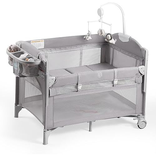 Baby Bassinets Bedside Sleeper, 4 in 1 Portable Bedside Crib w/Mattress, Diaper Changer, Storage Basket, Music Box, Carry Bag, Foldable Playard Sleeper for Newborn (Light Gray)