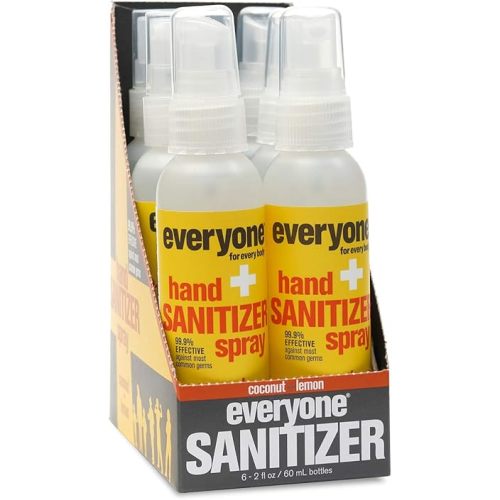 Everyone Hand Sanitizer Spray, 2 Fl Oz (Pack of 6), Coconut and Lemon, Made with Sugarcane Derived Alcohol with Essential Oils, 99% Effective Against Germs TSA friendly