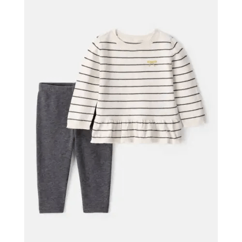Baby Girl Bow Striped Long-Sleeve Tee & Pant Set - White/Grey | Carter's