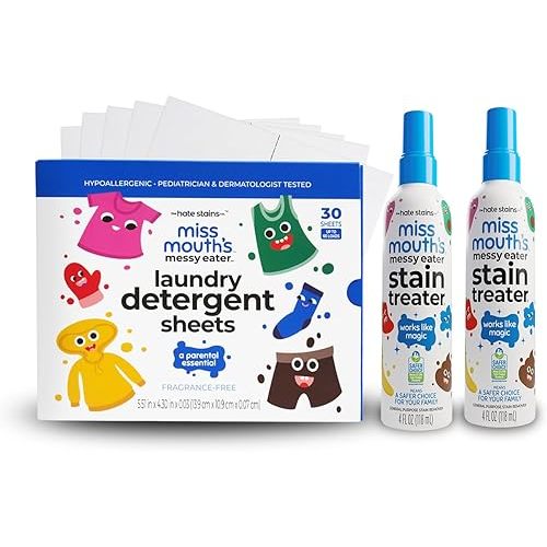 Miss Mouth's Messy Eater Stain Treater Spray - 4oz 2 Pack Stain Remover and Laundry Detergent Sheets