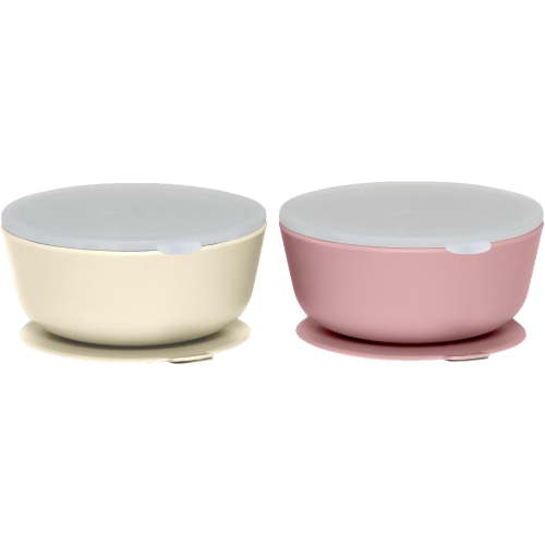 Weesprout Suction Bowls for Baby & Toddlers, 100% Silicone w/Plastic Lid, Leak Proof, 12oz, Set of 2 - muted pink & muted off-white