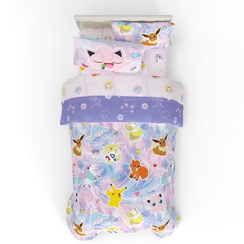 Franco Pokémon Girl Kids Bedding Twin Size – 5 Piece Comforter & Sheet Set with Sham – Super Soft – Eevee, Pikachu & Jigglypuff – (Officially Licensed Product)