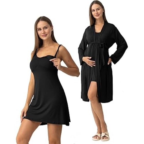 SUNNYBUY Women's Nursing Nightgown Maternity Robe Set, 3 in 1 Labor Delivery Breastfeeding Dress Postpartum Sleepwear