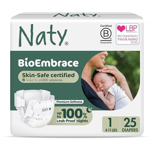 Naty BioEmbrace Baby Newborn Diapers | Sensitive Skin Safe Certified | Leak Protection up to 100% | Plant-Based Teddy Softness, Premium Comfort | Chlorine-Free | Size 1 (4–11 lbs), 100 Count