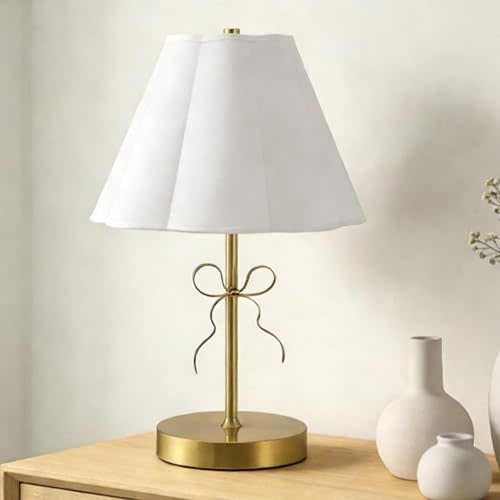 Gold Bow Table Lamp for Girls Room 16 Inch Large Coquette Bow Table Lamp with Scalloped Fabric Shade Modern Decorative Desk Light for Nightstand Living Room Nursery Bedroom