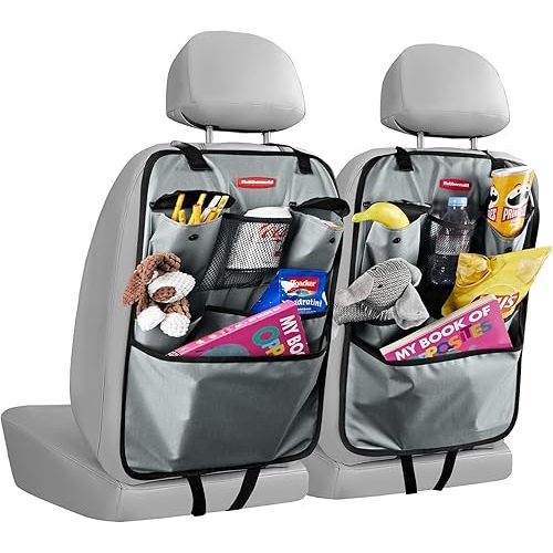 Rubbermaid Backseat Car Organizer, Kick Mats and Seat Back Protector, Car Organizer for Kids with 6 Storage Pockets, Travel Essentials for SUV, Truck, Car - 2 packs Gray