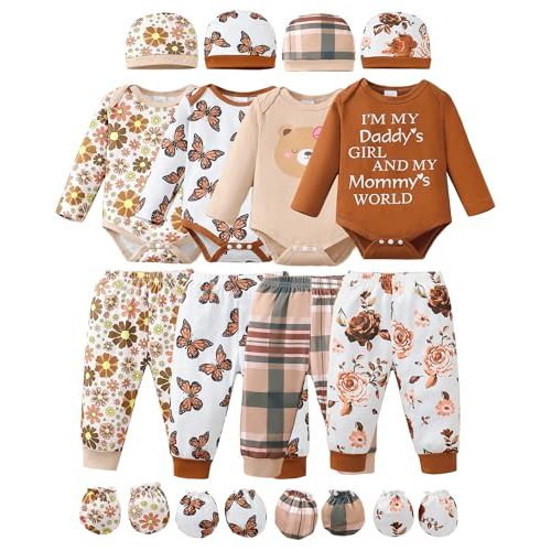 NZRVAWS Newborn Baby Boy Girl Clothes Unisex Infant Romper Pants Set Hat 4-Pack Outfits 0-12 Months 16 Pieces Toddler
