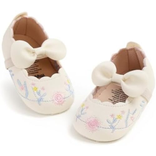 Baby Girls Mary Jane Flats with Bowknot Floral Princess Wedding Dress Shoes Soft Newborn Infant Crib First Walkers Prewalker