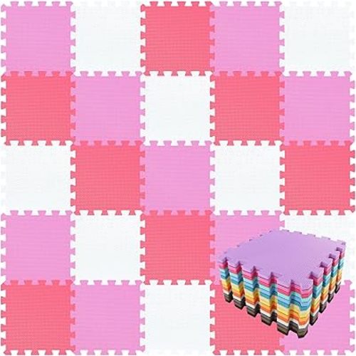 qqpp EVA Rubber 18 Tiles Interlocking Puzzle Foam Floor Mats - Baby Play Mat for Playing | Exercise Mat for Home Workout. White, Pink, Red. QC-ACIb18N
