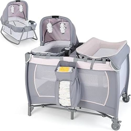 HONEY JOY Pack and Play with Bassinet, Infant Nursery Center Pack and Play w/Newborn Cradle & Hanging Toys, Diaper Storage, Music, Portable Baby Playard w/Changing Station (Starry Pink)