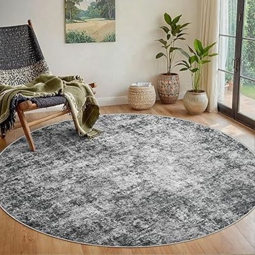 Round Rug 5ft Circle Rug Washable: Carpet Small Circular Area Rug for Entryway Kitchen Bedroom Dining Room Living Room 5 Feet Abstract College Dorm Non Slip Low Pile Black Grey