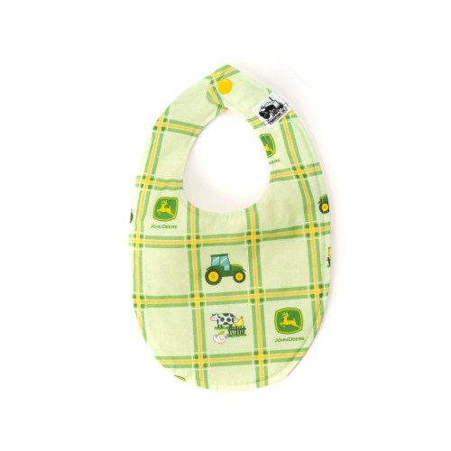 Baby Bib Displaying John Deere Tractors and Logos, Green Plaid