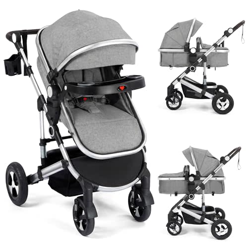 Kinder King 3 in 1 Reversible Baby Stroller w/Detachable Tray, Convert to Newborn Pram, Folding Infant Carriage for Toddler, Adjustable Canopy & Handle, Aluminum Alloy, Suspension Wheels