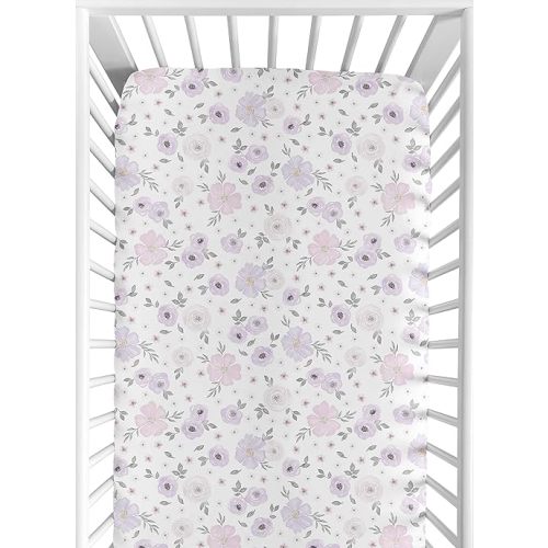 Sweet Jojo Designs Fitted Baby Jersey Crib Sheets (Purple/Grey Boho Floral) for Girls, Infant Nursery, Toddler Room - Standard Size (Lavender, Pink, Bohemian, Flower, Rose, Farmhouse, Shabby Chic)